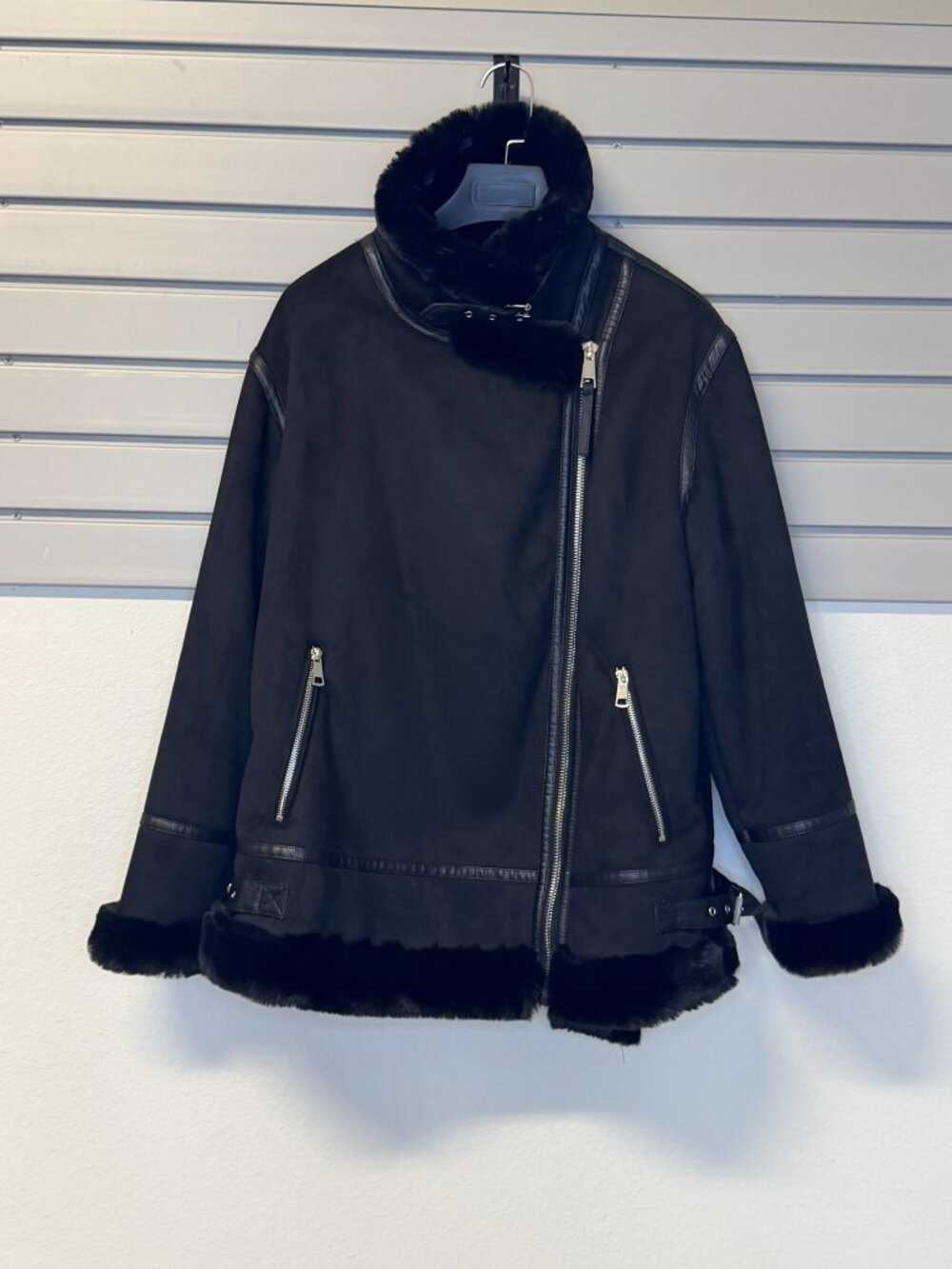 Zara Black Aviator Shearling Moto Jacket.